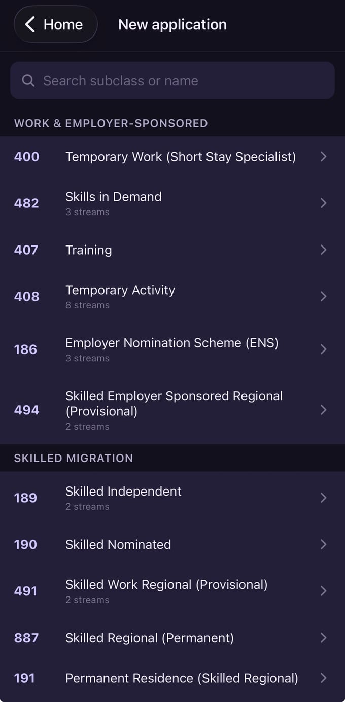 New application screen: a searchable list of visa subclasses grouped by category