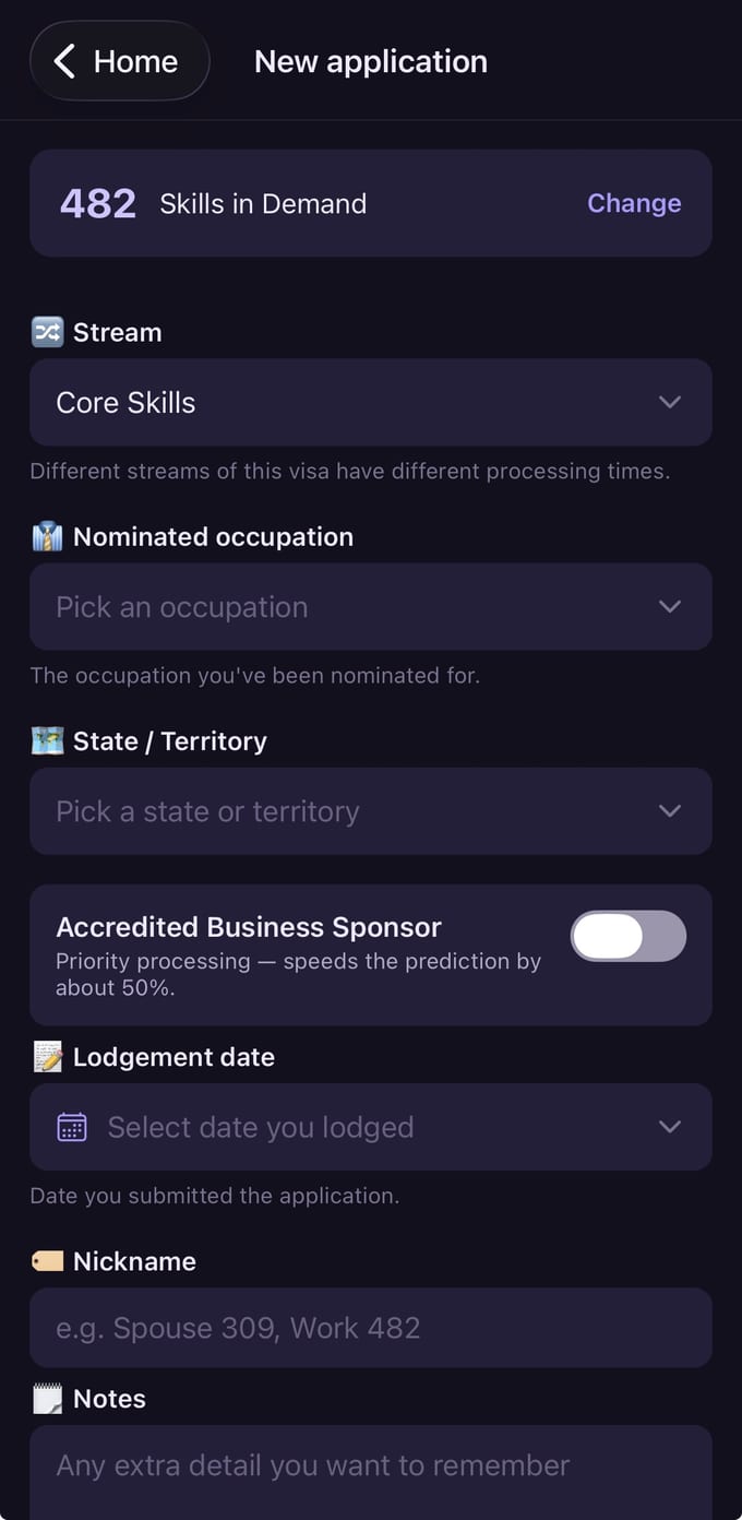 New application details form: stream, nominated occupation, state, the Accredited Business Sponsor toggle and lodgement date