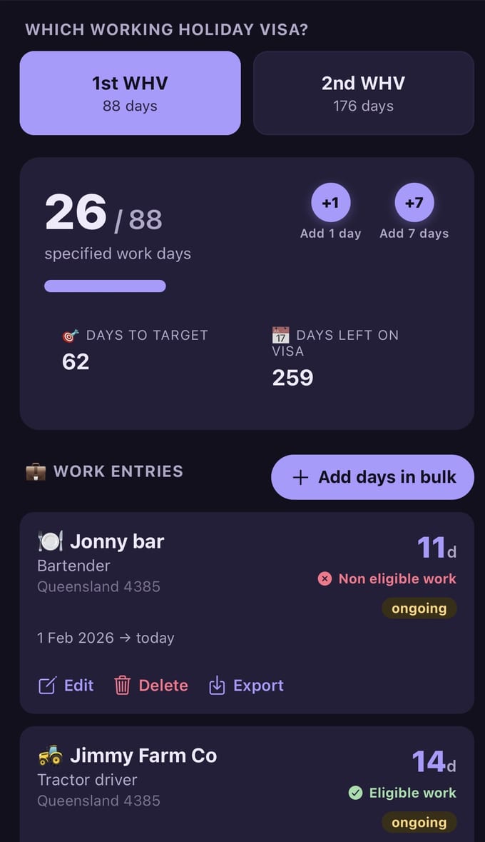 88 days tracking tab: 26 of 88 specified-work days, with logged work entries below