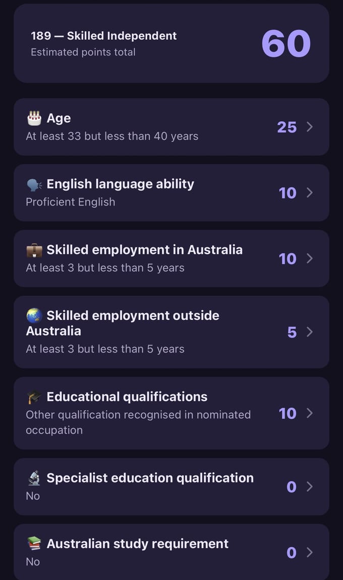 Points tab: a 60-point running total above a list of scoring categories including age, English and skilled employment