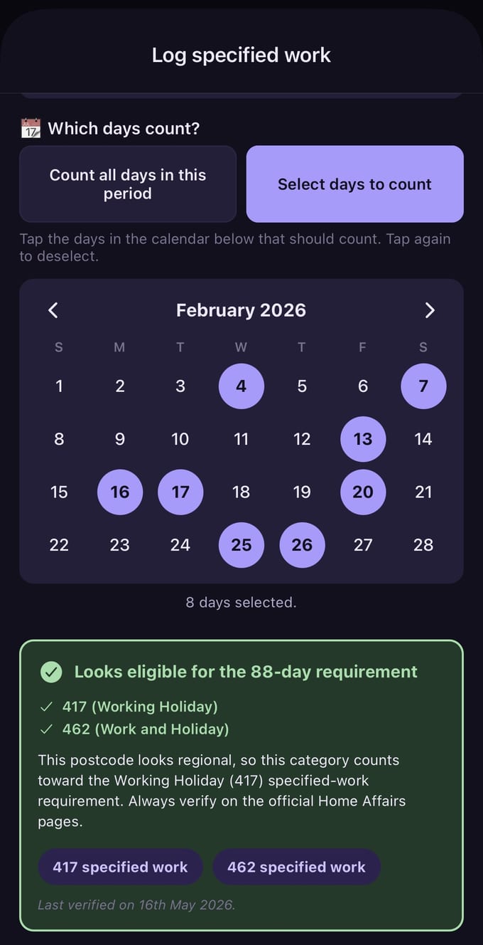 Log specified work screen: a calendar day-picker with a green eligibility check confirming the work counts